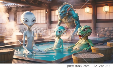 Alien bathing in a Japanese hot spring Alien bathing in a Japanese hot spring 121284082