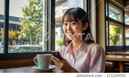 A woman using her smartphone in a cafe 121284091