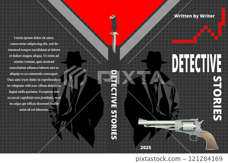 Book cover design featuring two detectives standing with a gun and a knife with a red and black background 121284169
