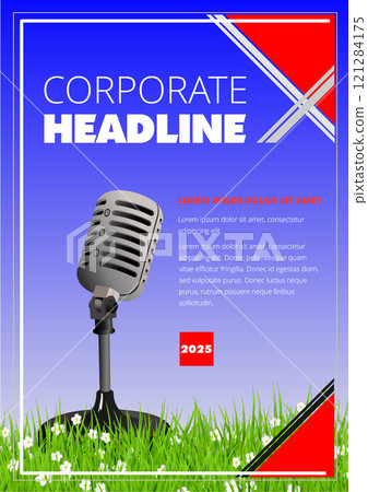 Vintage microphone is standing on a patch of grass against a blue background, ready for a corporate announcement Vintage microphone is standing on a patch of grass against a blue background, ready for a corporate announcement 121284175