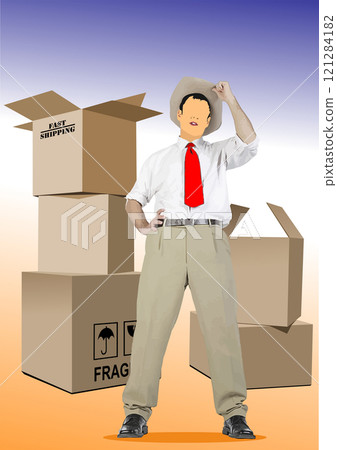 Confident businessman wearing cowboy hat standing near stack of boxes with fast shipping inscription 121284182