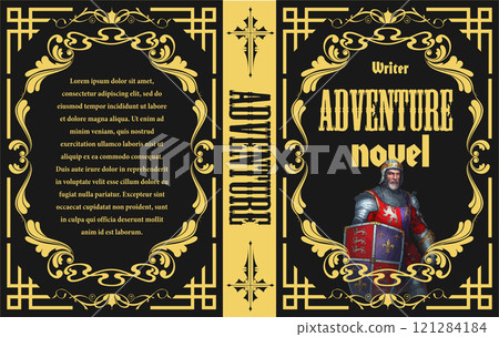 Medieval knight standing on an adventure novel cover design with ornate gold borders Medieval knight standing on an adventure novel cover design with ornate gold borders 121284184