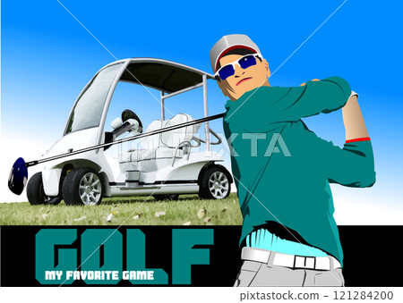 Golfer wearing sunglasses is swinging a golf club on a golf course with a golf cart in the background Golfer wearing sunglasses is swinging a golf club on a golf course with a golf cart in the background 121284200
