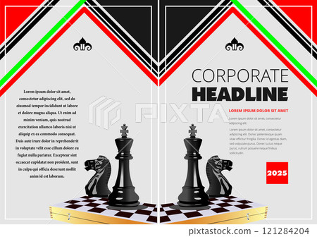 Business template design with chess pieces is evoking a corporate strategy concept Business template design with chess pieces is evoking a corporate strategy concept 121284204