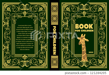 Green cover book for children featuring a giraffe drawing and golden floral decorations Green cover book for children featuring a giraffe drawing and golden floral decorations 121284205