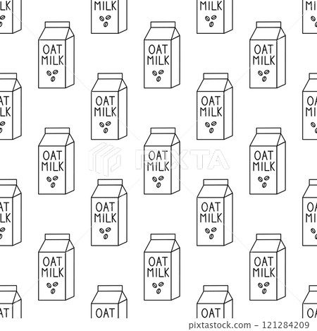 Seamless Pattern with Oat milk. Box Carton packaging. Outline, Doodle, Line art. Vector flat illustration. 121284209