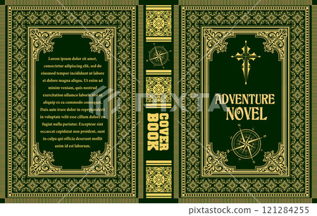 Green book cover design featuring gold ornate frames, a compass rose, and a title reading adventure novel Green book cover design featuring gold ornate frames, a compass rose, and a title reading adventure novel 121284255