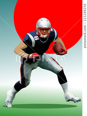 American football player running with the ball on red circle background 121284258