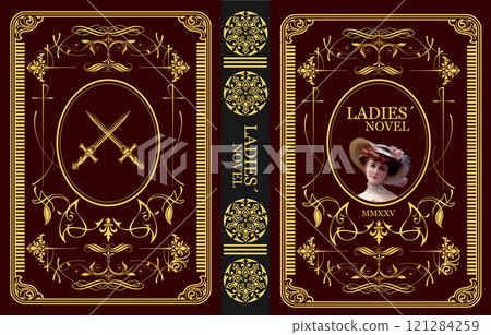 Vintage book cover design featuring a woman, crossed swords, and intricate golden frames on a maroon background 121284259
