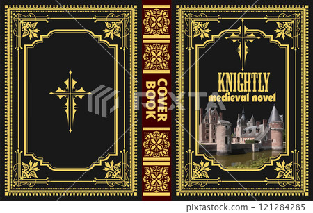Ornate black and gold book cover design featuring a medieval castle, perfect for historical fiction or fantasy novels 121284285