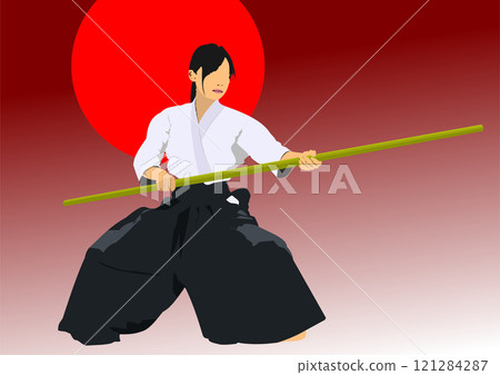 Young woman practicing aikido is swinging a wooden stick in front of a red circle Young woman practicing aikido is swinging a wooden stick in front of a red circle 121284287