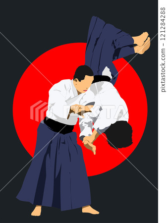 Two aikido fighters are practicing martial arts in front of a japanese flag Two aikido fighters are practicing martial arts in front of a japanese flag 121284288