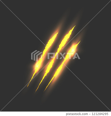 Cat scratch. Realistic gold animal claw mark isolated on black background. Lion or tiger flat scratch marks. Cracks from scratches of animal claws. Vector illustration 121284295