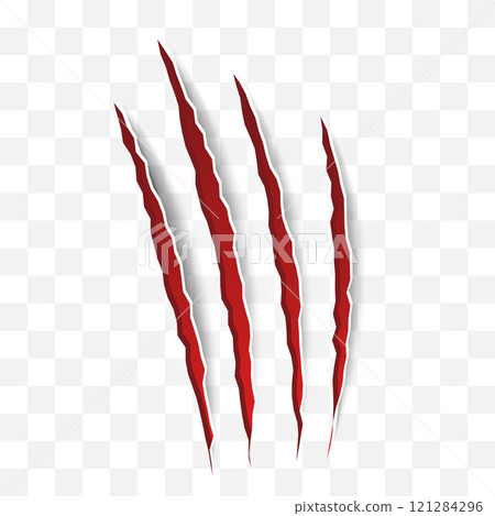 Cat scratch icon. Realistic red animal claw mark isolated on transparent background. Lion or tiger flat scratch marks. Cracks from scratches of animal claws. Vector illustration 121284296
