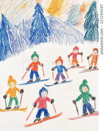 Children skiing on snowy mountains AI image 121284297