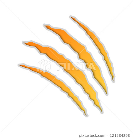 Cat scratch icon. Yellow scratches from animal claws isolated on white background. Dragon or dinosaur flat scratch marks. Cracks from scratches of animal claws. Vector illustration 121284298