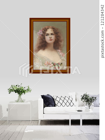 Woman with pink flowers in her auburn hair is the subject of this vintage style portrait painting 121284342