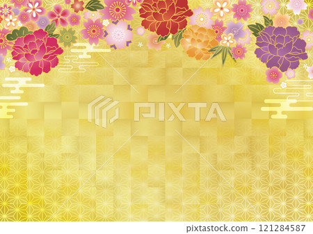 新年賀卡日本圖案花卉金色背景框架 新年賀卡日本圖案花卉金色背景框架 121284587