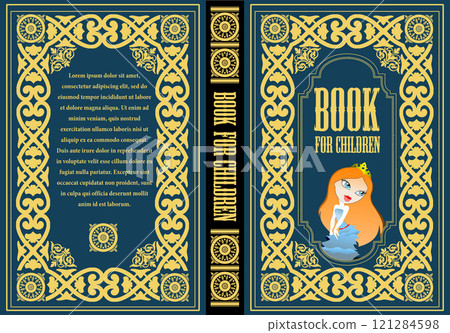 Blue book cover with golden frame for children featuring smiling girl illustrating fairytale 121284598