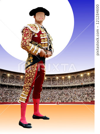 Bullfighter stands confidently, holding his red cape, embodying the rich history and spectacle of bullfighting Bullfighter stands confidently, holding his red cape, embodying the rich history and spectacle of bullfighting 121284600