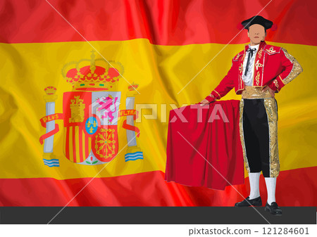 Spanish bullfighter posing with traditional outfit holding red cape in front of flag Spanish bullfighter posing with traditional outfit holding red cape in front of flag 121284601