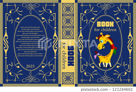 Blue book cover with funny cartoon giraffe wearing scarf, space for text, publishing, print Blue book cover with funny cartoon giraffe wearing scarf, space for text, publishing, print 121284602