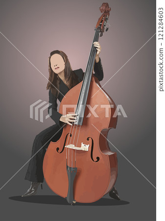 Elegant female musician is playing a double bass on a grey background Elegant female musician is playing a double bass on a grey background 121284603