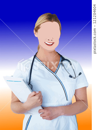 Smiling doctor woman with blond hair holding a medical record is posing with a stethoscope on a blue and orange background Smiling doctor woman with blond hair holding a medical record is posing with a stethoscope on a blue and orange background 121284604