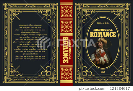 Book cover design featuring an ornate gold frame, a musketeer holding a sword, and a rich red and black color scheme Book cover design featuring an ornate gold frame, a musketeer holding a sword, and a rich red and black color scheme 121284617