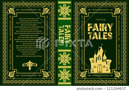 Ornate green and gold fairy tales book cover design featuring a castle and elegant frame, perfect for children's literature 121284637