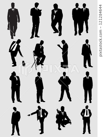 Collection of vector silhouettes featuring businessmen engaging in various activities 121284644