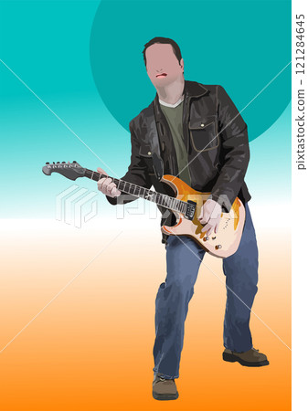 Illustration of a musician playing an electric guitar on a colorful background 121284645