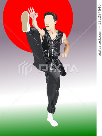 Martial artist is performing a high kick wearing a black martial arts uniform in front of a japanese flag 121284646