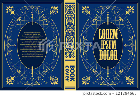 Elegant blue and gold book cover template featuring vintage ornaments and flourishes Elegant blue and gold book cover template featuring vintage ornaments and flourishes 121284663