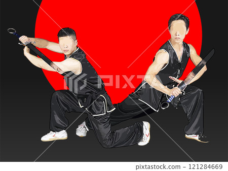 Two martial arts masters are practicing kung fu with swords in front of a red circle Two martial arts masters are practicing kung fu with swords in front of a red circle 121284669