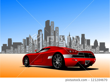 Red sports car is standing on a road with a city skyline in the background Red sports car is standing on a road with a city skyline in the background 121284670