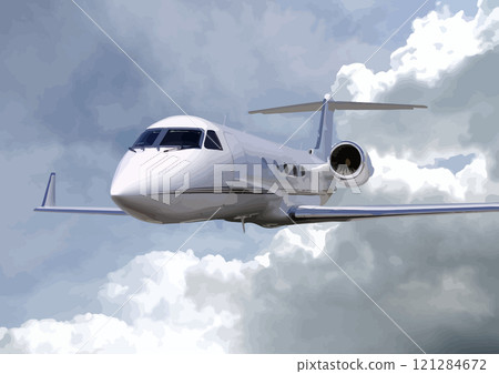 White private jet is flying above the clouds on a beautiful day 121284672