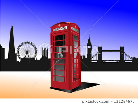Classic red telephone booth is standing in the foreground of a black silhouette of the london skyline 121284673