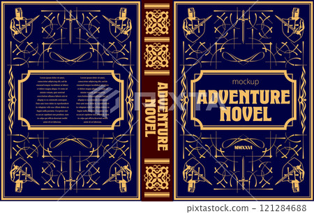 Adventure novel cover mockup featuring illustrations of knights and swords with ornate borders 121284688