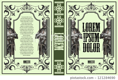 Elaborate book cover design featuring two medieval knights holding swords, with intricate borders and vintage typography 121284690