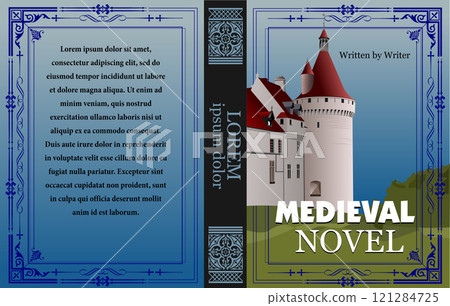 Medieval novel book cover design featuring a beautiful castle illustration and decorative frame 121284725
