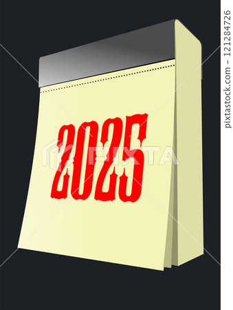Yellow paper desk calendar showing year 2025 in large red numbers on dark background Yellow paper desk calendar showing year 2025 in large red numbers on dark background 121284726
