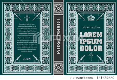Vintage book cover design featuring an ornate frame and swords is perfect for printing projects Vintage book cover design featuring an ornate frame and swords is perfect for printing projects 121284729