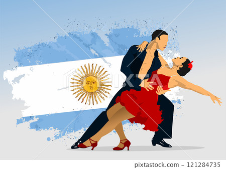 Tango dancers performing with a stylized argentinian flag in the background 121284735