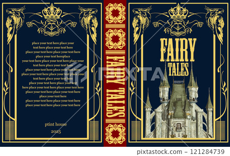 Vintage storybook cover design featuring a majestic castle illustration, perfect for evoking a sense of wonder and adventure 121284739