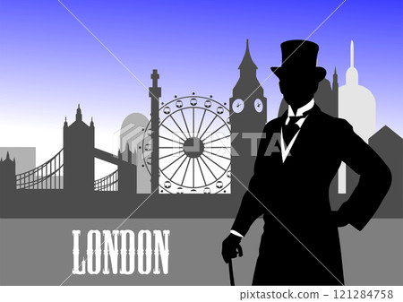 Silhouette of a gentleman holding a cane with london england skyline in the background 121284758