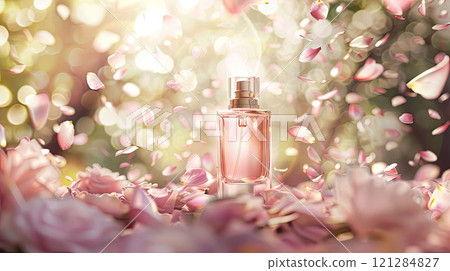 A romantic perfume bottle mockup with a soft transparent design, surrounded by floating rose petals A romantic perfume bottle mockup with a soft transparent design, surrounded by floating rose petals 121284827