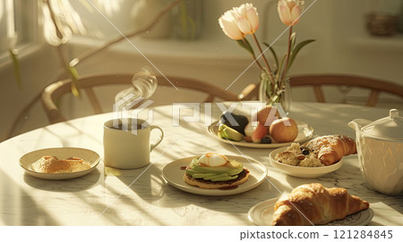 Breakfast flat lay with steaming coffee mugs, pancakes with syrup, bowls of oatmeal with fresh fruits and nuts Breakfast flat lay with steaming coffee mugs, pancakes with syrup, bowls of oatmeal with fresh fruits and nuts 121284845