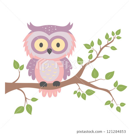 Cute owl sitting on tree branch. Forest animal character isolated on white background. Cute owl sitting on tree branch. Forest animal character isolated on white background. 121284853