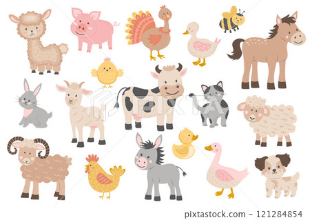 Cute farm animals set. Big set of cartoon farm animals and pets for kids. Cute farm animals set. Big set of cartoon farm animals and pets for kids. 121284854